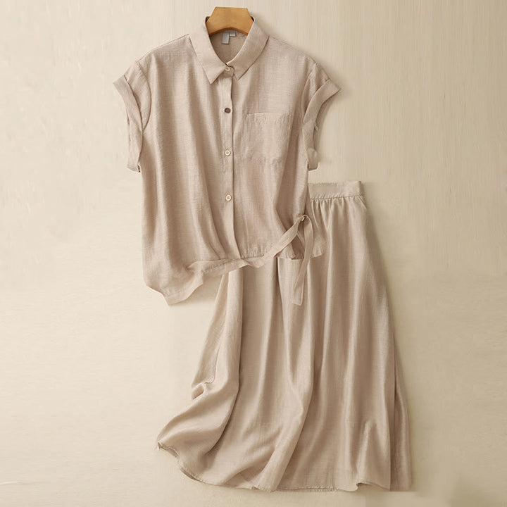 Buddha Stones 2Pcs Short Sleeve Shirt 7-8 Length Skirt With Pockets Cotton Linen Women's Set - Wheat - US8-10，UK/AU12-14，EU40-42 (2XL) - image 14