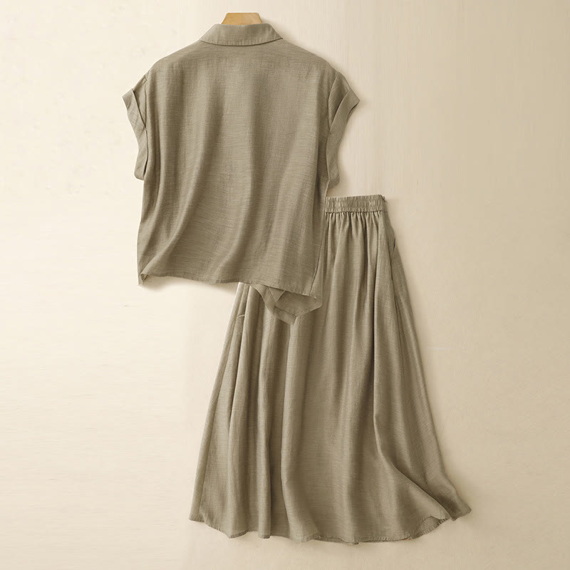 Buddha Stones 2Pcs Short Sleeve Shirt 7-8 Length Skirt With Pockets Cotton Linen Women's Set - image 1