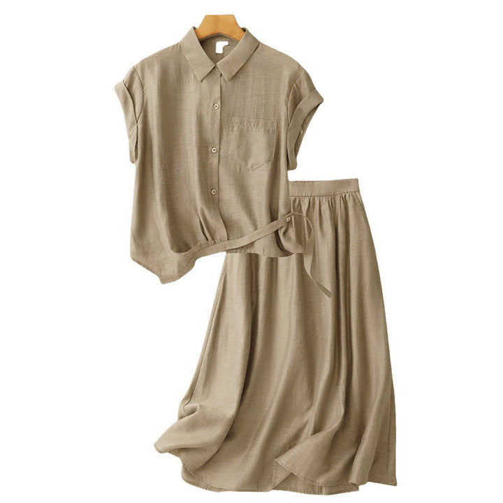 Buddha Stones 2Pcs Short Sleeve Shirt 7-8 Length Skirt With Pockets Cotton Linen Women's Set - image 13