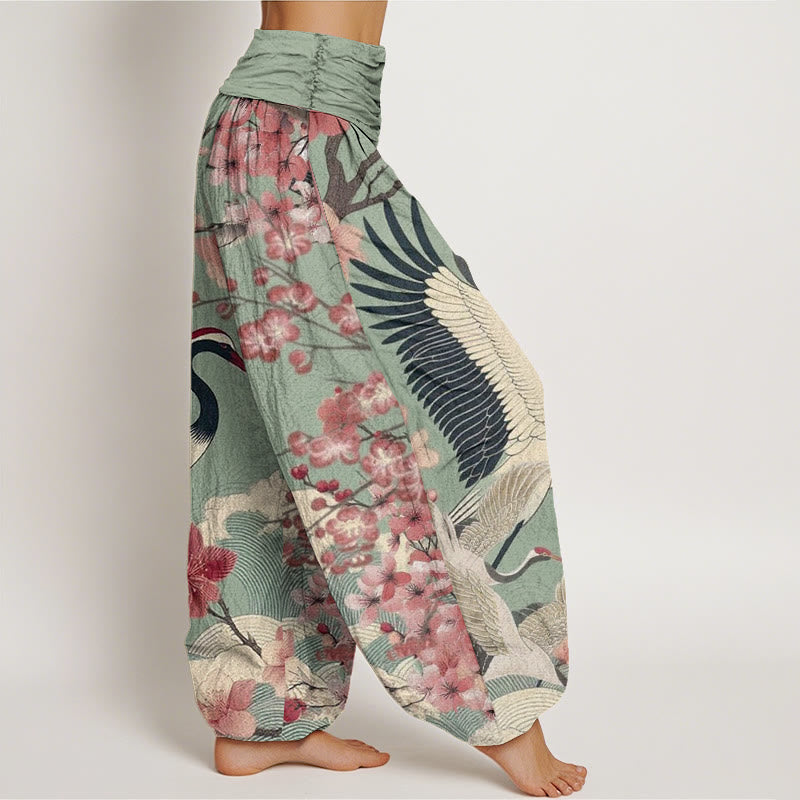 Buddha Stones Cotton Casual Crane Cherry Blossom Design Pattern Women's Elastic Waist Harem Pants - image 1