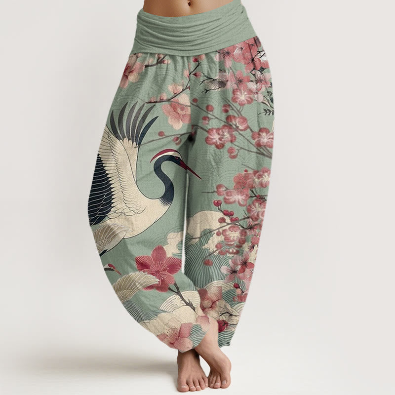 Buddha Stones Cotton Casual Crane Cherry Blossom Design Pattern Women's Elastic Waist Harem Pants - DarkSeaGreen - US22，UK/AU26，EU54 (6XL) - image 0