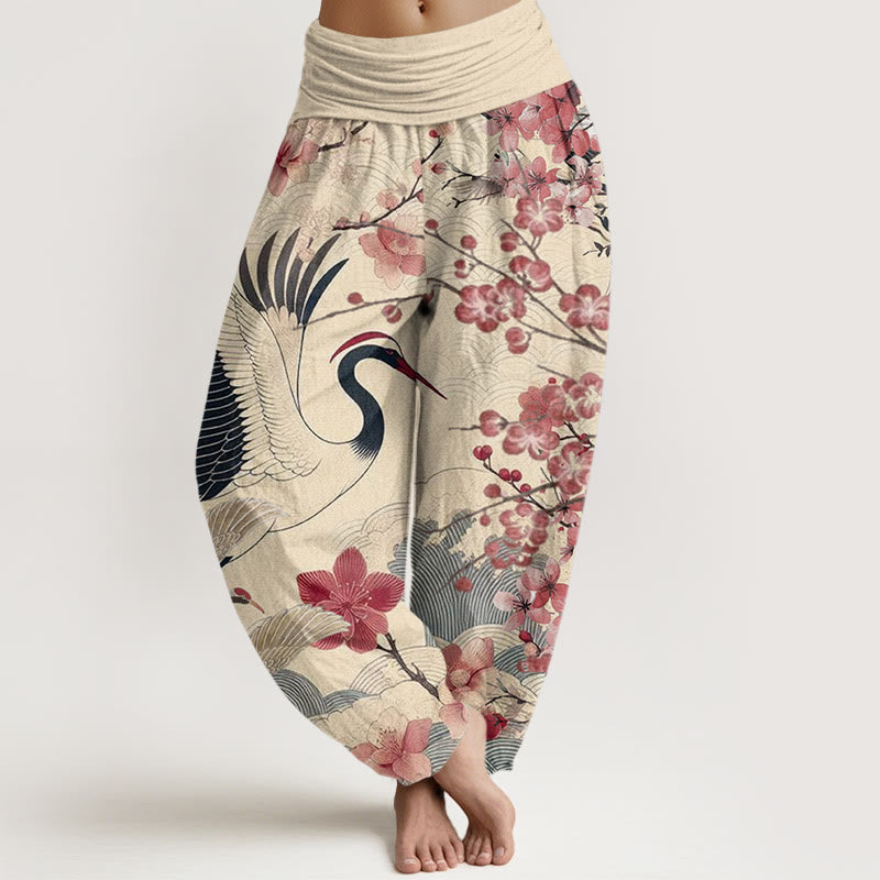 Buddha Stones Casual Crane Cherry Blossom Design Pattern Women's Elastic Waist Harem Pants - PapayaWhip - US22，UK/AU26，EU54 (6XL) - image 7