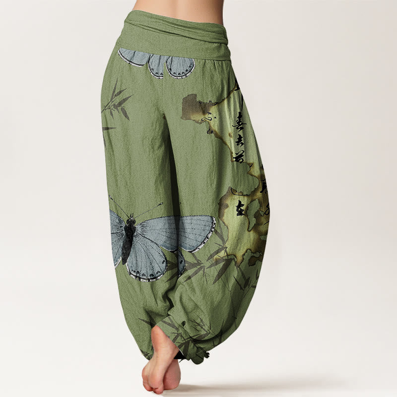 Buddha Stones Casual Butterfly Bamboo Leaf Calligraphy Pattern Women's Elastic Waist Harem Pants - image 2