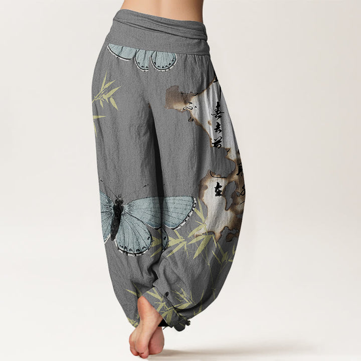 Buddha Stones Casual Butterfly Bamboo Leaf Calligraphy Pattern Women's Elastic Waist Harem Pants - image 6