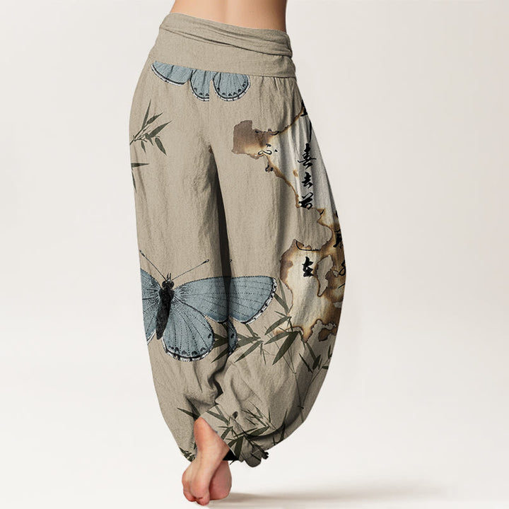 Buddha Stones Casual Butterfly Bamboo Leaf Calligraphy Pattern Women's Elastic Waist Harem Pants - image 9