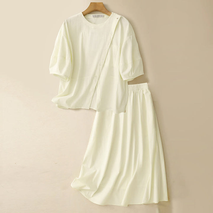Buddha Stones 2pcs Irregular Button Half Sleeve Shirt Skirt With Pockets Cotton Clothing Women's Set - LightYellow - US8-10，UK/AU12-14，EU40-42 (2XL) - image 21