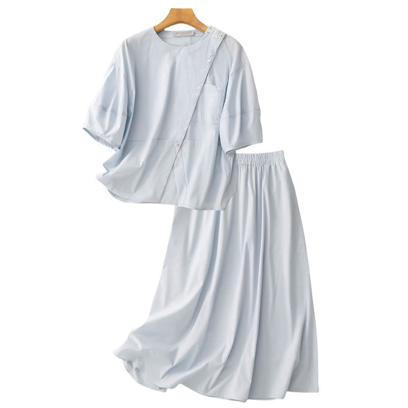 Buddha Stones 2pcs Irregular Button Half Sleeve Shirt Skirt With Pockets Cotton Clothing Women's Set - image 13