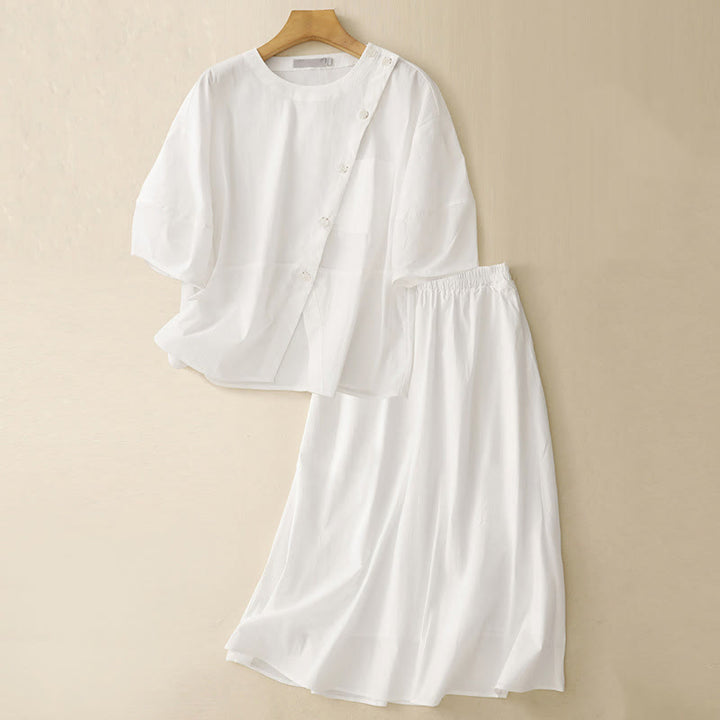 Buddha Stones 2pcs Irregular Button Half Sleeve Shirt Skirt With Pockets Cotton Clothing Women's Set - White - US8-10，UK/AU12-14，EU40-42 (2XL) - image 14