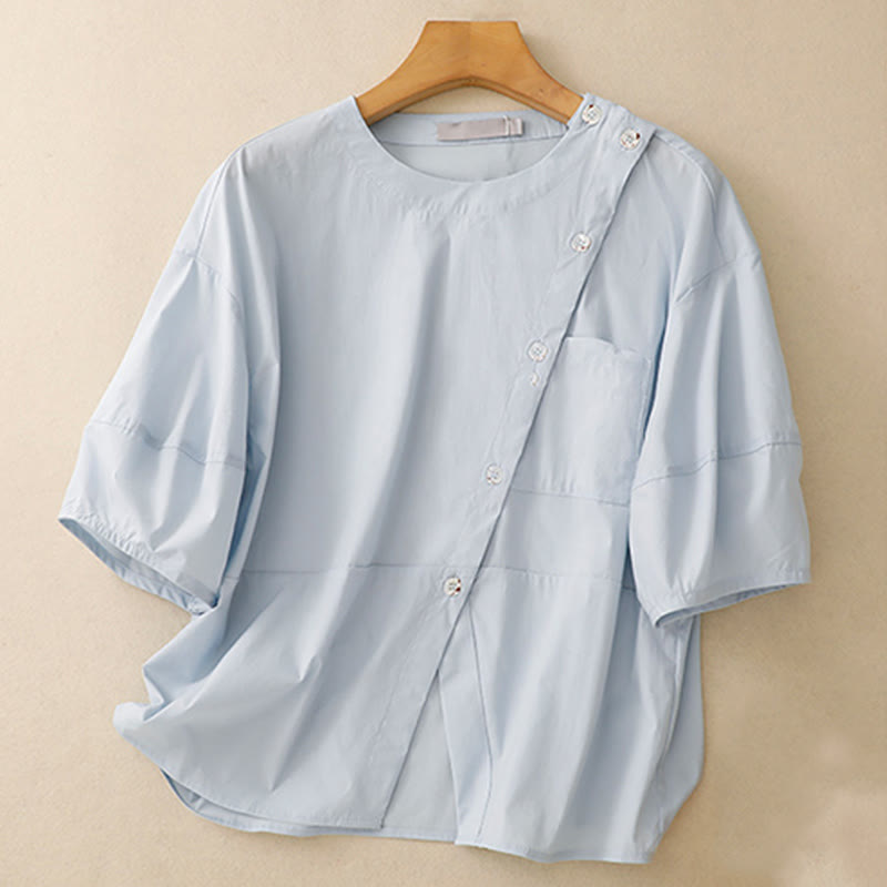 Buddha Stones 2pcs Irregular Button Half Sleeve Shirt Skirt With Pockets Cotton Clothing Women's Set - image 2