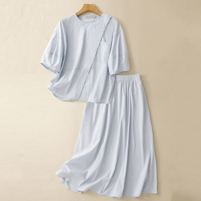 Buddha Stones 2pcs Irregular Button Half Sleeve Shirt Skirt With Pockets Cotton Clothing Women's Set - LightBlue - US8-10，UK/AU12-14，EU40-42 (2XL) - image 0