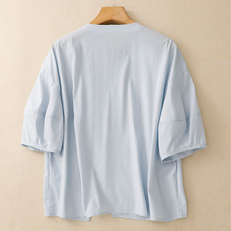 Buddha Stones 2pcs Irregular Button Half Sleeve Shirt Skirt With Pockets Cotton Clothing Women's Set - image 3