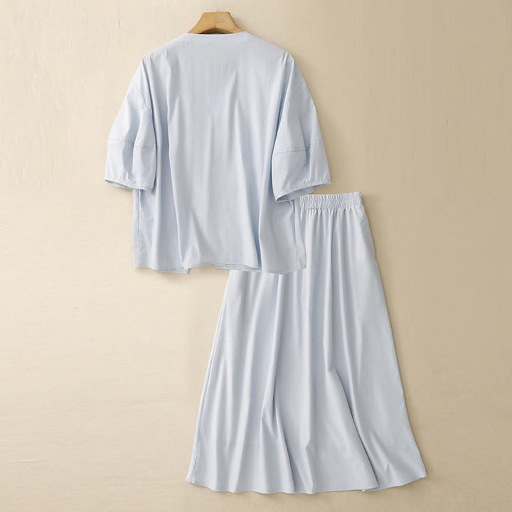 Buddha Stones 2pcs Irregular Button Half Sleeve Shirt Skirt With Pockets Cotton Clothing Women's Set - image 1