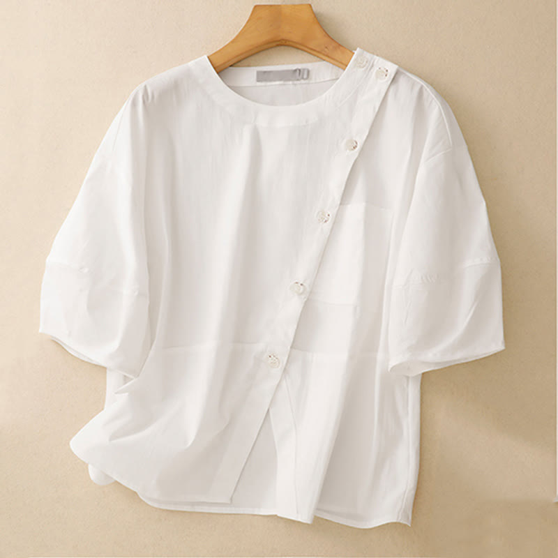 Buddha Stones 2pcs Irregular Button Half Sleeve Shirt Skirt With Pockets Cotton Clothing Women's Set - image 15