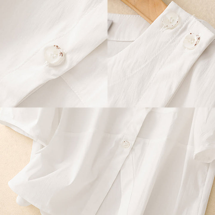 Buddha Stones 2pcs Irregular Button Half Sleeve Shirt Skirt With Pockets Cotton Clothing Women's Set - image 19