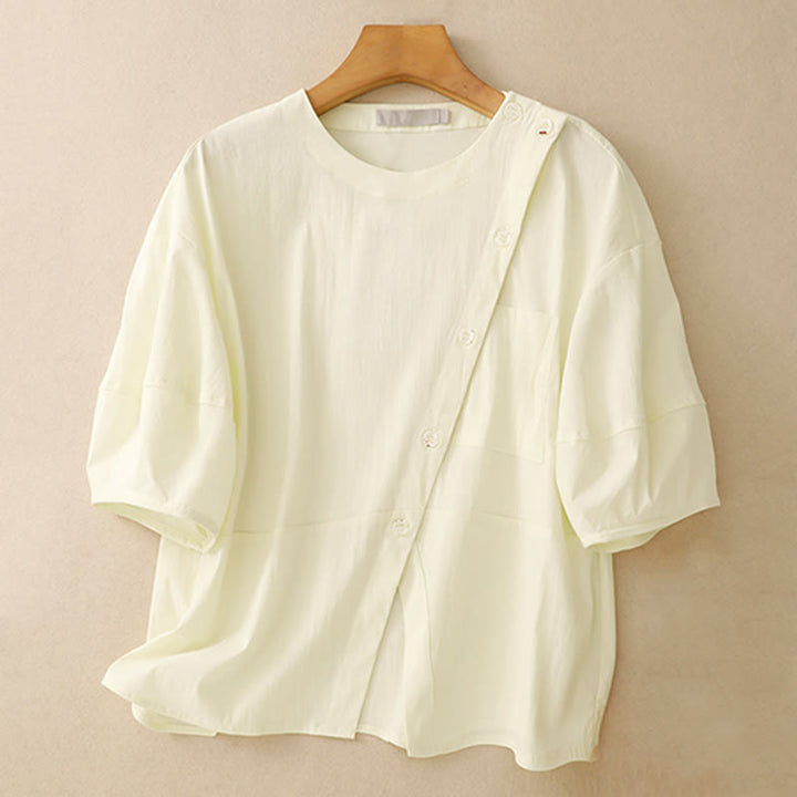 Buddha Stones 2pcs Irregular Button Half Sleeve Shirt Skirt With Pockets Cotton Clothing Women's Set - image 22