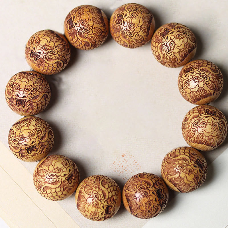 Buddha Stones Carving Sandalwood Dragon Keep Away Evil Spirits Bracelet - Sandalwood (Wrist Circumference: 18-21cm) - image 0