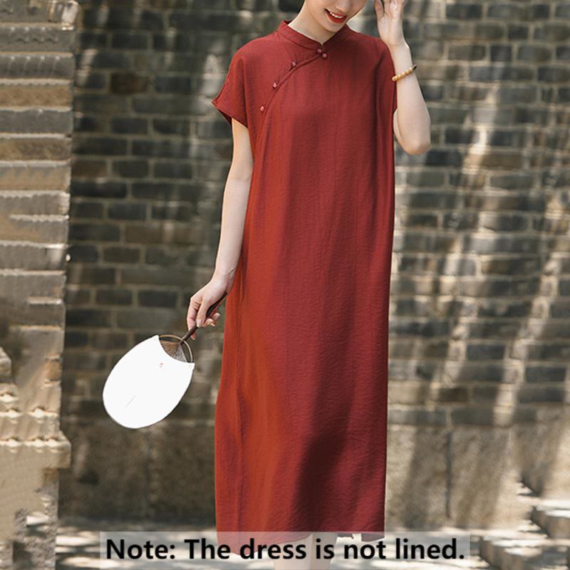 Buddha Stones Plain Cheongsam Lace-Up Design Cotton Linen Short Sleeve Midi Dress - image 1
