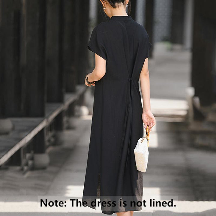 Buddha Stones Plain Cheongsam Lace-Up Design Cotton Linen Short Sleeve Midi Dress - image 14