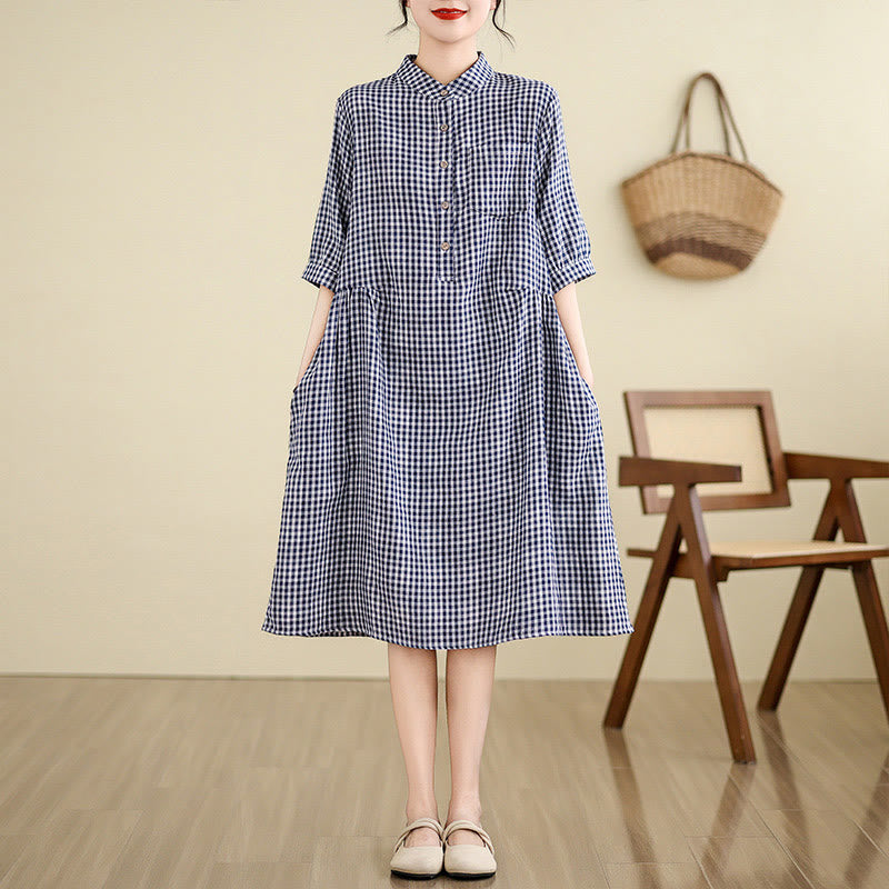 Buddha Stones Plaid Pattern Half Sleeve Cotton Linen Midi Dress With Pockets - DarkBlue(Small grid) - US8-10，UK/AU12-14，EU40-42 (2XL) - image 3