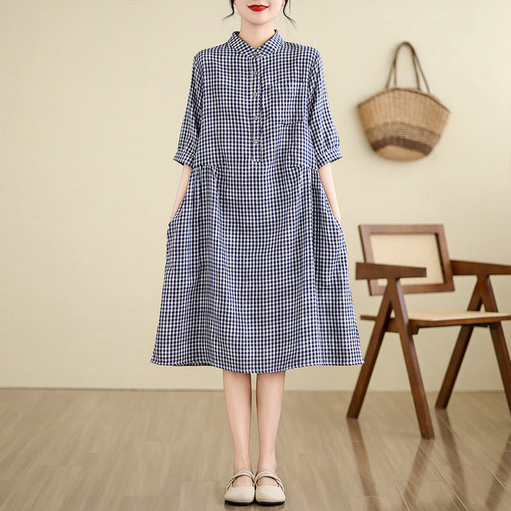 Buddha Stones Plaid Pattern Half Sleeve Cotton Linen Midi Dress With Pockets - DarkBlue(Small grid) - US8-10，UK/AU12-14，EU40-42 (2XL) - image 3