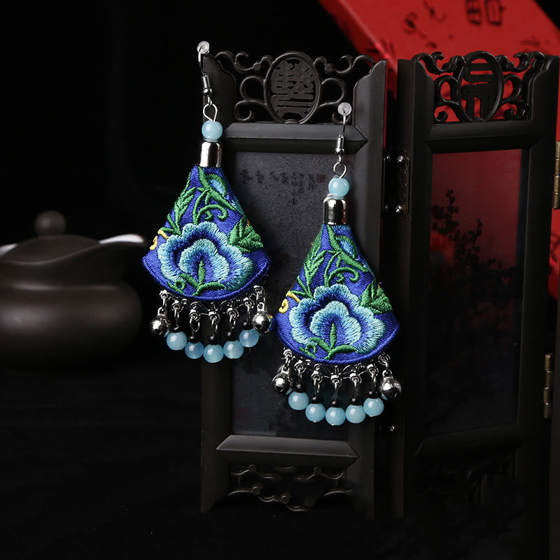 Buddha Stones Handmade Yi Embroidery Flower Harmony Earrings - Blue & Blue Flower(Alloy Posts) - image 0