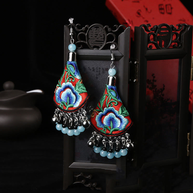 Buddha Stones Handmade Yi Embroidery Flower Harmony Earrings - Red & Blue Flower(Alloy Posts) - image 1
