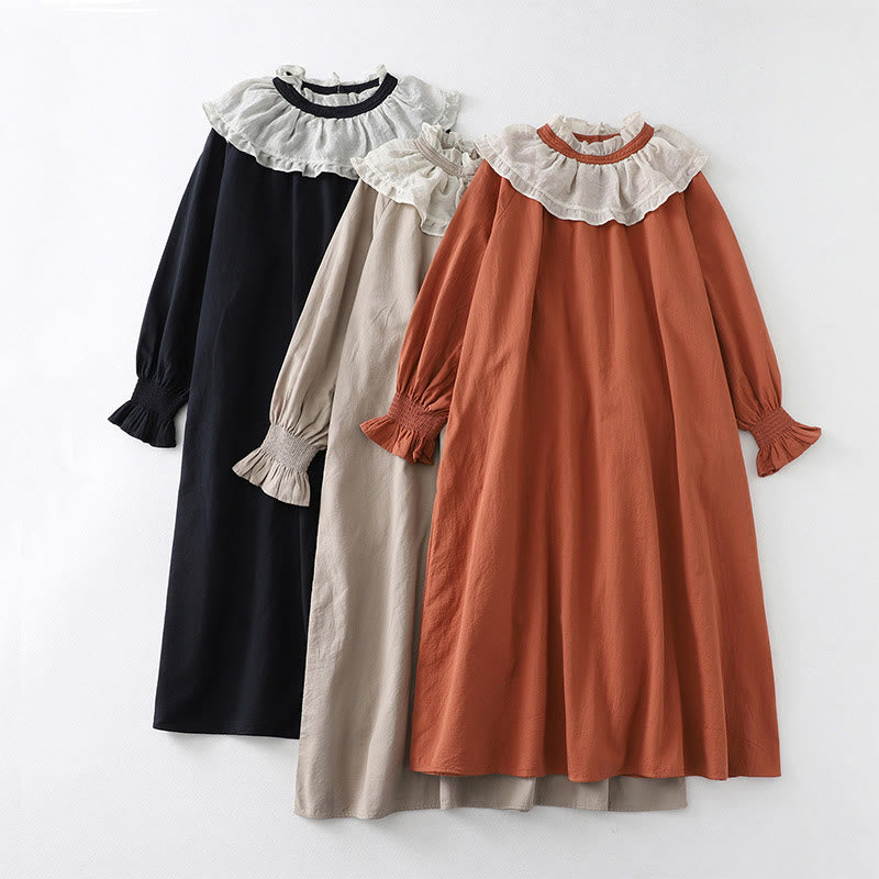 Buddha Stones Ruffled Lace Patchwork Design Puff Long Sleeve Cotton Midi Dress With Pockets - image 22
