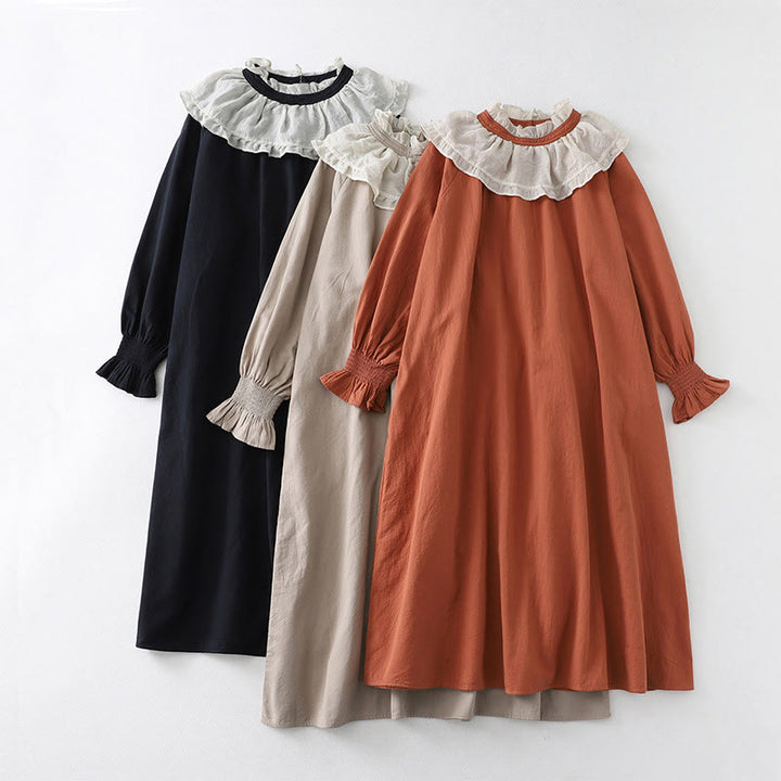 Buddha Stones Ruffled Lace Patchwork Design Puff Long Sleeve Cotton Midi Dress With Pockets - image 22