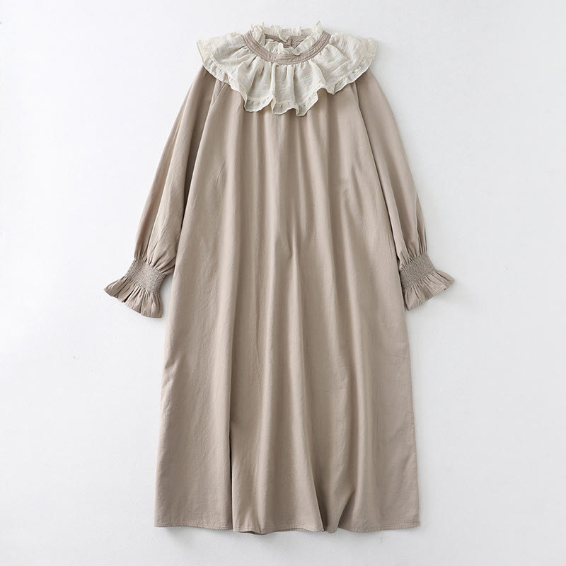 Buddha Stones Ruffled Lace Patchwork Design Puff Long Sleeve Cotton Midi Dress With Pockets - Linen - US12，UK/AU16，EU44 (2XL) - image 16