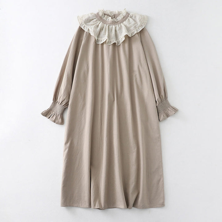 Buddha Stones Ruffled Lace Patchwork Design Puff Long Sleeve Cotton Midi Dress With Pockets - Linen - US12，UK/AU16，EU44 (2XL) - image 16