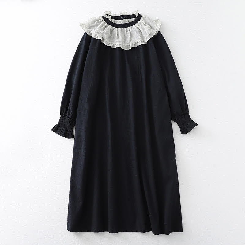Buddha Stones Ruffled Lace Patchwork Design Puff Long Sleeve Cotton Midi Dress With Pockets - Black - US12，UK/AU16，EU44 (2XL) - image 10