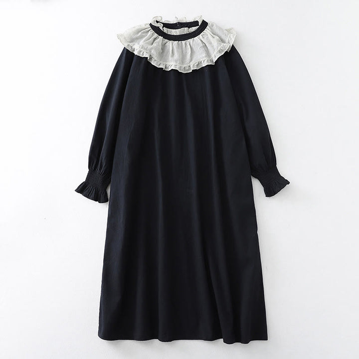 Buddha Stones Ruffled Lace Patchwork Design Puff Long Sleeve Cotton Midi Dress With Pockets - Black - US12，UK/AU16，EU44 (2XL) - image 10