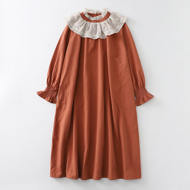 Buddha Stones Ruffled Lace Patchwork Design Puff Long Sleeve Cotton Midi Dress With Pockets - Chocolate - US12，UK/AU16，EU44 (2XL) - image 0