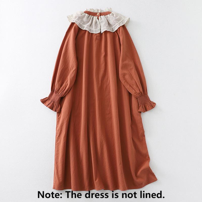 Buddha Stones Ruffled Lace Patchwork Design Puff Long Sleeve Cotton Midi Dress With Pockets - image 1
