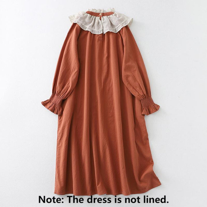 Buddha Stones Ruffled Lace Patchwork Design Puff Long Sleeve Cotton Midi Dress With Pockets - image 1