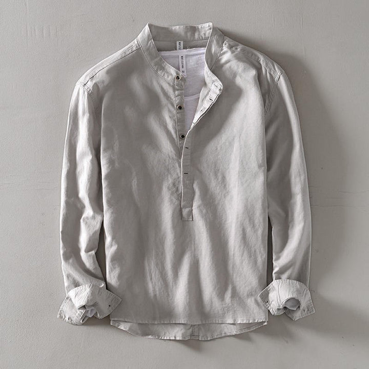 Buddha Stones Solid Color Long Sleeve Half Button Shirt Cotton Linen Men Clothing - Gainsboro - US/UK/AU40，EU50 (2XL) - image 3