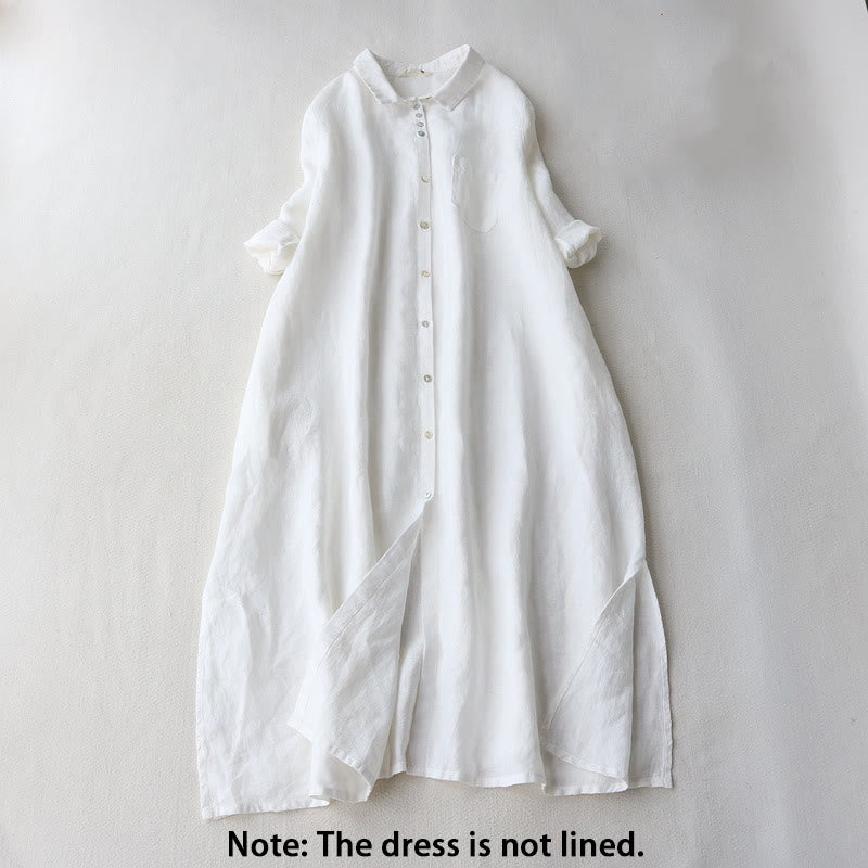 Buddha Stones Buttons Design Lapel Three Quarter Sleeve Cotton Linen Midi Dress With Pockets - image 6