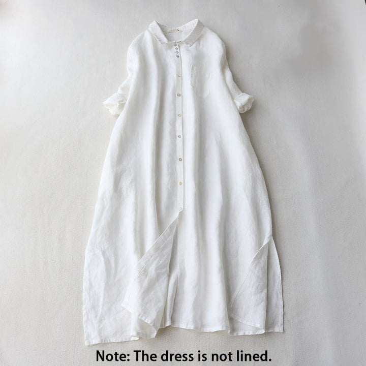 Buddha Stones Buttons Design Lapel Three Quarter Sleeve Cotton Linen Midi Dress With Pockets - image 6