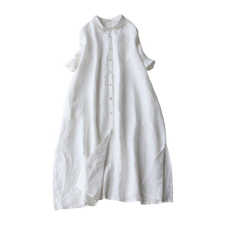 Buddha Stones Buttons Design Lapel Three Quarter Sleeve Cotton Linen Midi Dress With Pockets - White - US8-10，UK/AU12-14，EU40-42 (2XL) - image 5