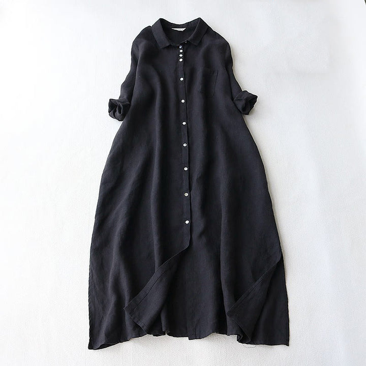 Buddha Stones Buttons Design Lapel Three Quarter Sleeve Midi Dress With Pockets - Black - US8-10，UK/AU12-14，EU40-42 (2XL) - image 0