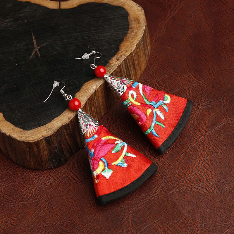 Buddha Stones Handmade Fan-shaped Yi Embroidery Harmony Earrings - Red(Alloy Posts) - image 1