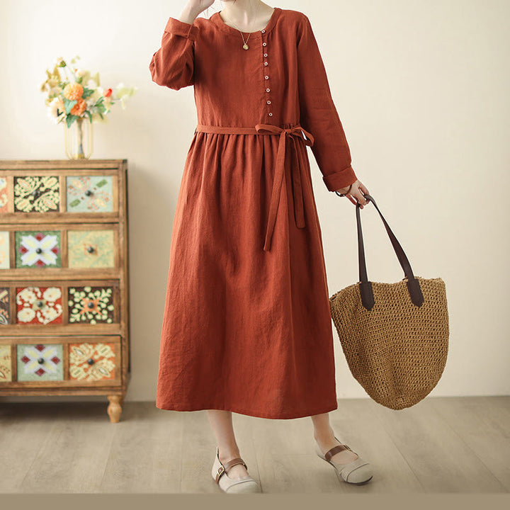 Buddha Stones OrangeRed Lace-Up Design Long Sleeve Cotton Midi Dress With Pockets - image 5