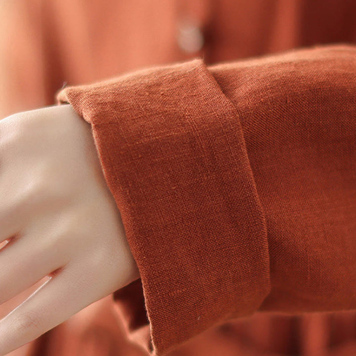 Buddha Stones OrangeRed Lace-Up Design Long Sleeve Cotton Midi Dress With Pockets - image 11