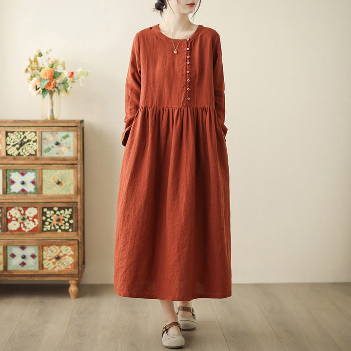 Buddha Stones OrangeRed Lace-Up Design Long Sleeve Cotton Midi Dress With Pockets - OrangeRed - US8-10，UK/AU12-14，EU40-42 (2XL) - image 0