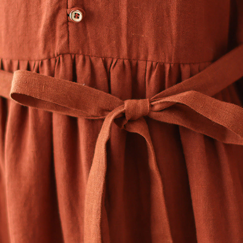 Buddha Stones OrangeRed Lace-Up Design Long Sleeve Cotton Midi Dress With Pockets - image 9