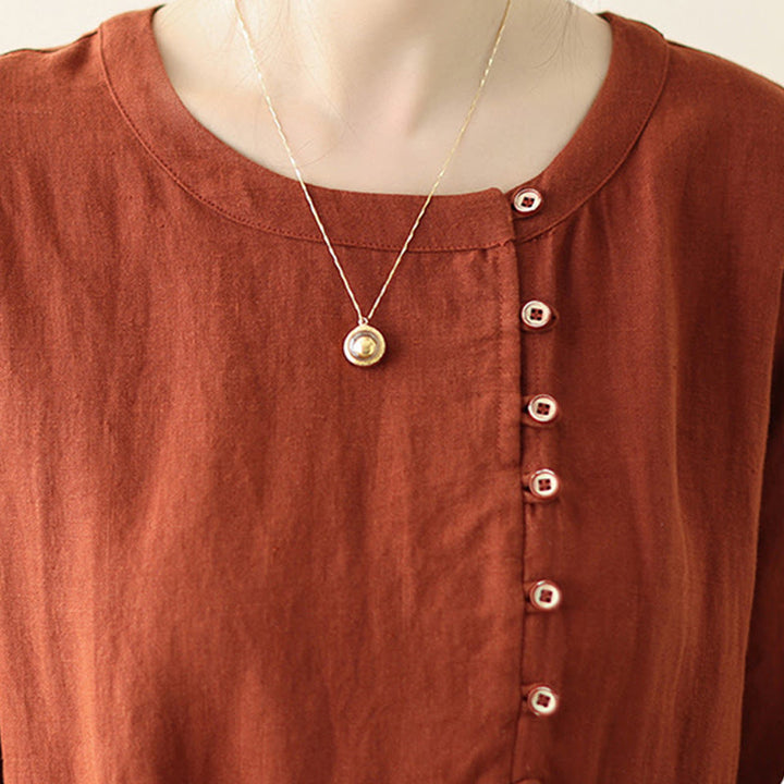 Buddha Stones OrangeRed Lace-Up Design Long Sleeve Cotton Midi Dress With Pockets - image 7