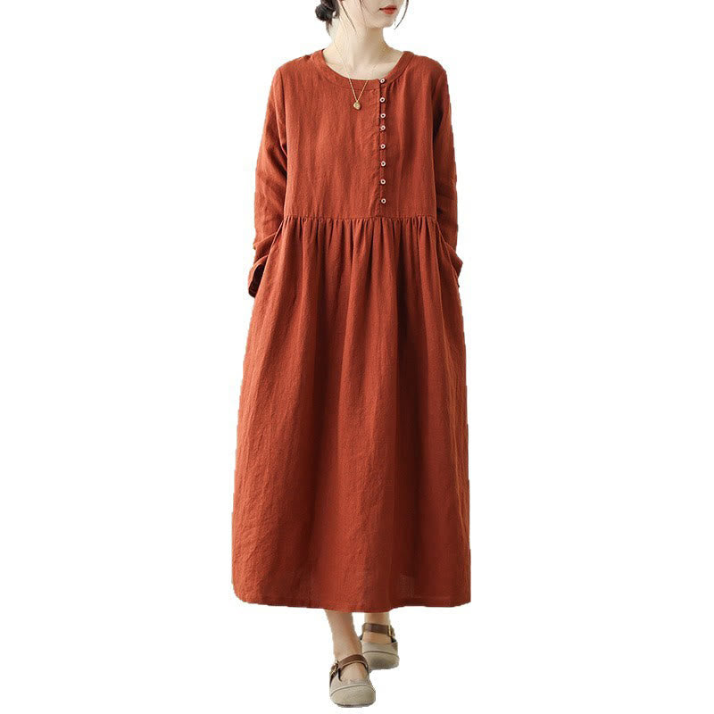 Buddha Stones OrangeRed Lace-Up Design Long Sleeve Cotton Midi Dress With Pockets - image 6