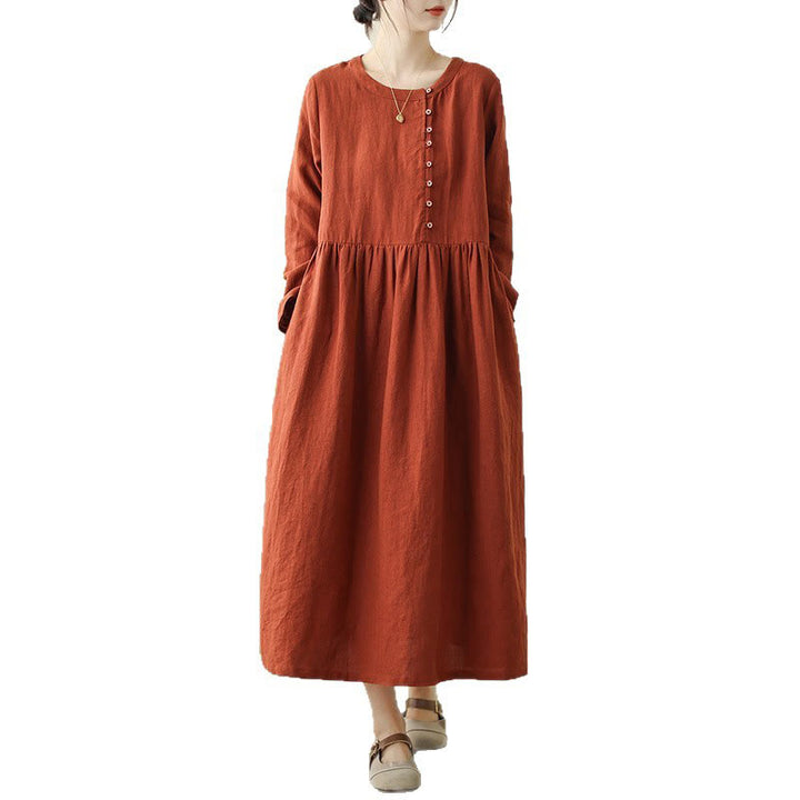 Buddha Stones OrangeRed Lace-Up Design Long Sleeve Cotton Midi Dress With Pockets - image 6