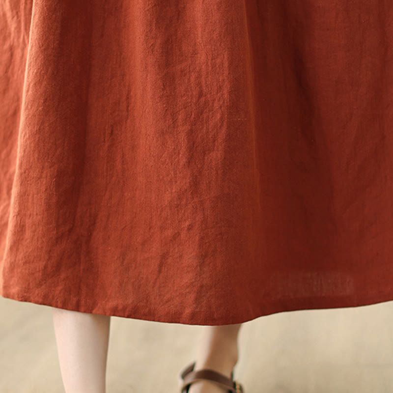 Buddha Stones OrangeRed Lace-Up Design Long Sleeve Cotton Midi Dress With Pockets - image 13