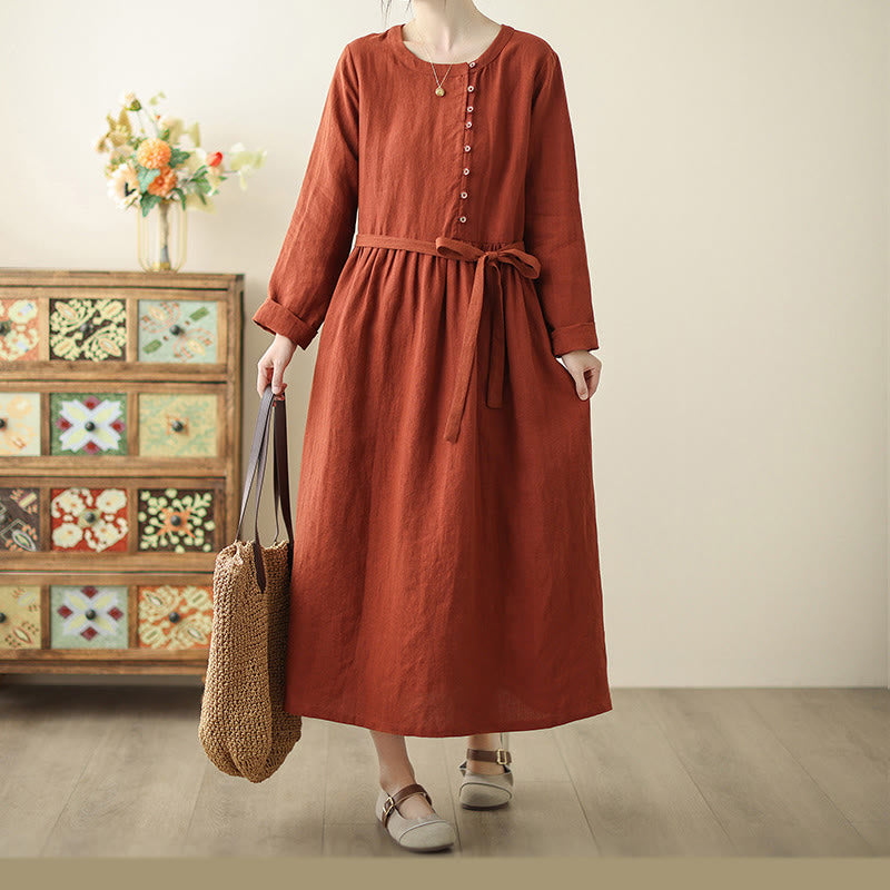 Buddha Stones OrangeRed Lace-Up Design Long Sleeve Cotton Midi Dress With Pockets - image 4